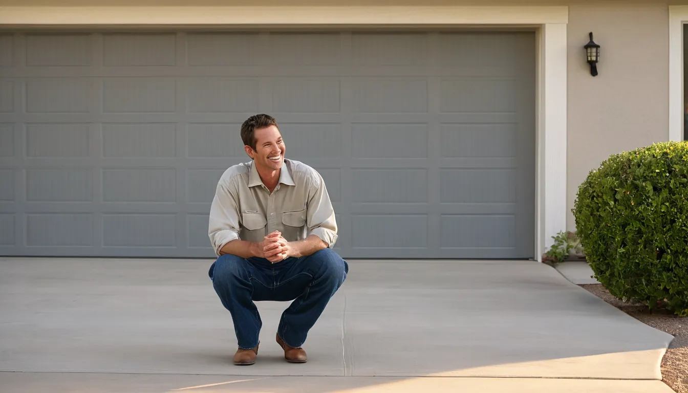 A friendly provider checking a garage door at a stucco ranch home in San Bernardino